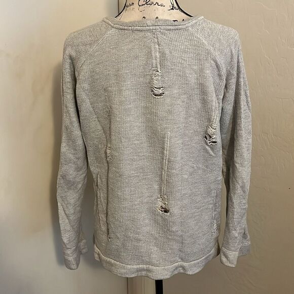 Benjamin Jay Gray Distressed Ripped Pullover Sweatshirt Boho Contemporary Casual - Picture 3 of 9